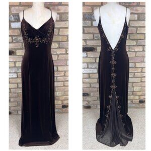 VINTAGE 90's DAVE & JOHNNY brown velvet beaded open back maxi evening prom dress
